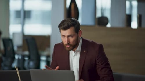 Nervous Director Talking Computer at Office Closeup Angry Man Laptop Video Call