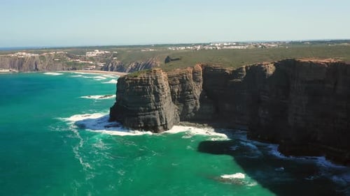 Aerial: The cliffs near the town of Arrifana in Portugal.