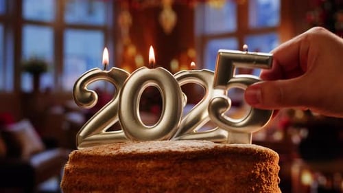 Bolo com velas de feliz ano novo de 2025 em fundo de tela verde Chroma Key