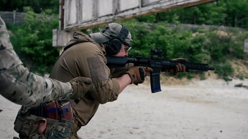 Close Up Military Tactical Strategy Rifle Position for Training on a Professional Shooting Range