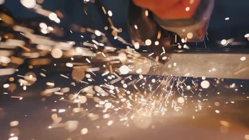 Man Works Circular Saw Sparks Fly From Hot Metal Man Hard Worked Over the Steel Closeup Slow Motion