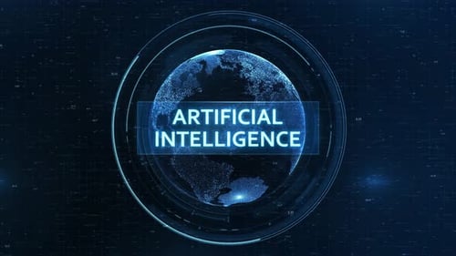 Concepto de Inteligencia Artificial: Globo Futurista con Cuadrícula, Código Binario y Animación Digital
