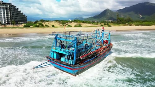 Fishing Boat with a Big Catch of Fish Stranded with a Catch Aerial View Drone Sunset Summer