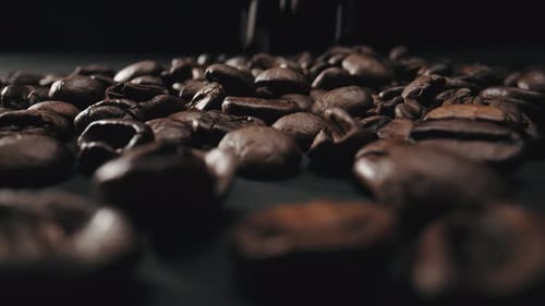 Abgeschnittenes Video von frisch gerösteten Kaffeebohnen, die über eine schwarze Oberfläche fallen