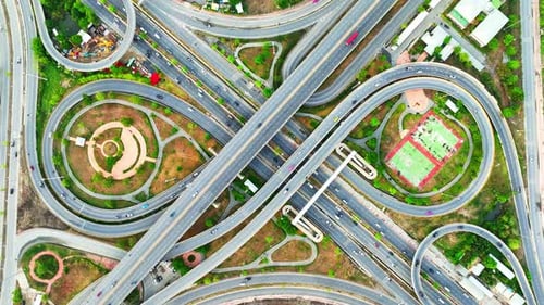 Interchange roads or highway interchanges from aerial view, Drone