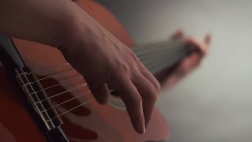 Hand Playing Acoustic Guitar Close Up