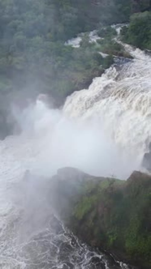 Vertical aerial circling the Kabalega waterfall, in Murchison falls national park, Uganda