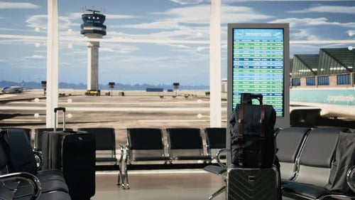 Empty Airport Waiting Area Luggage and Backpacks Left Departures Board