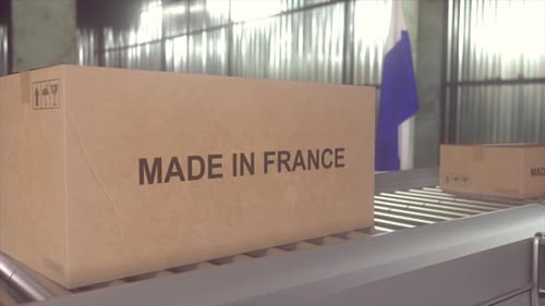 Made in FRANCE concept. Animated Loop of Manufacturing and Logistics with Moving Boxes on Conveyor