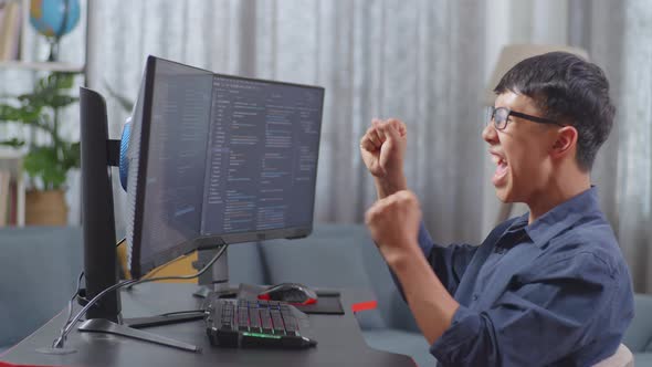 Asian Boy Programmer Celebrating Succeed Creating Software Engineer ...