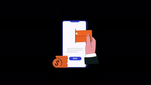 Hand Holding Bank Card with Phone and Coins. Mobile Payment Concept Animation Video - Transparent