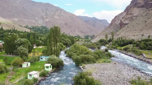 Aerial View Of River flowing through Skardu Valley in Gilgit Baltistan, Pakistan. Rising Shot