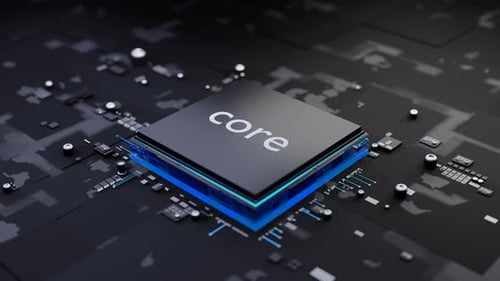CPU Activation Process: Closeup of Black Electronic Circuit Board with Blue Microchip