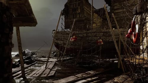Abandoned Fishing Village with Deteriorating Pier and Boats at Dusk