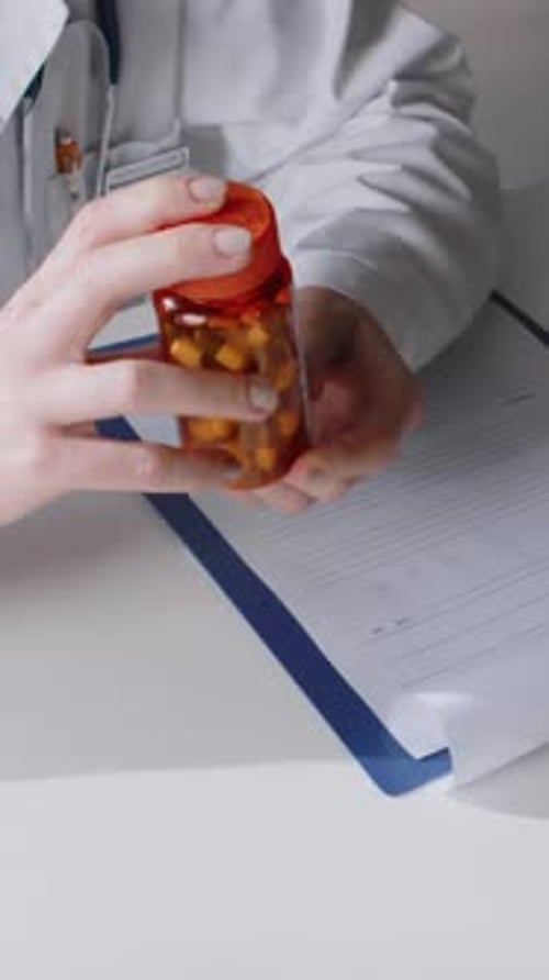 Physician Examines Prescription Medication in Bright Office