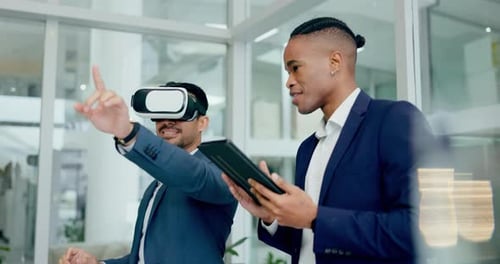 Business men, virtual reality and test on tablet for metaverse developer, coding and planning