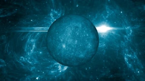 Rotating Blue Planet in Cosmic Nebula with Lens Flare Loop