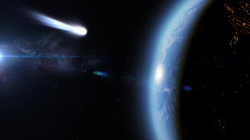 Large white blue comet very close to impact earth, Outer space view