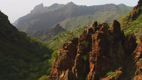 Huge Volcanic Green Mountains Covered in Mist Clouds Teno National Park Masca Gorge and Village