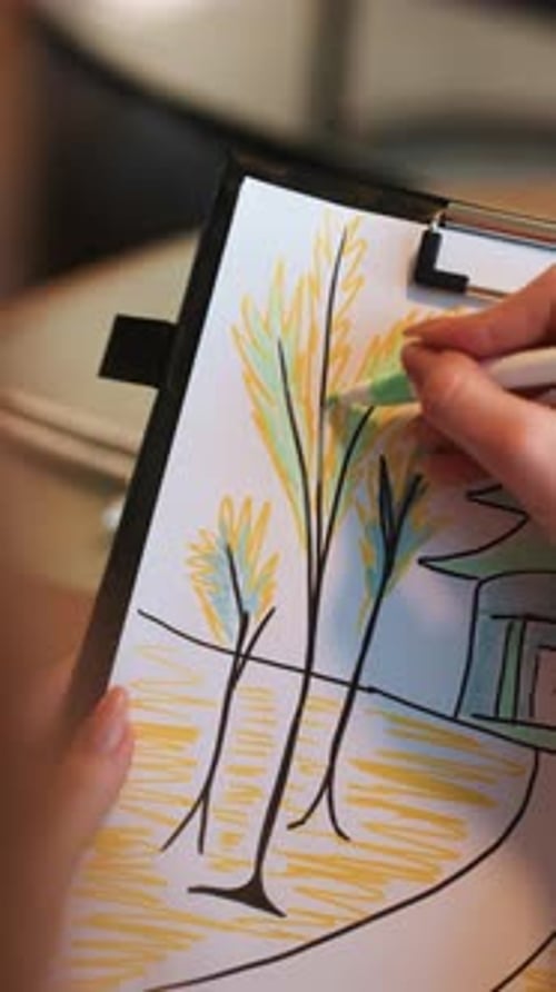 Artist Sketches Scenery Drawing Detailed Tree Scene Hands Create Lush Landscape with Markers Artist