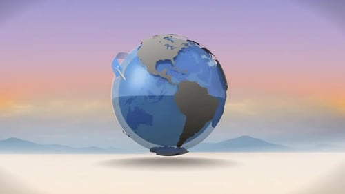 Animated World Globe with Airplanes Forming Text Reveal