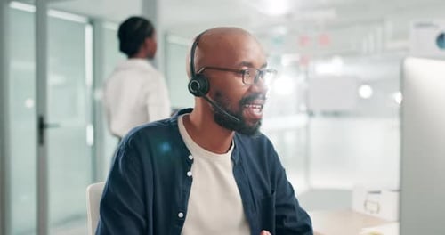 Callcenter, advice and phone call with black man, headset and consultant at customer service agency