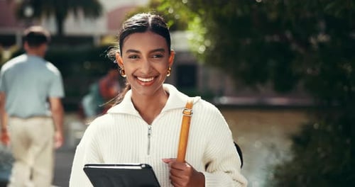 Face, student and woman with tablet for education, academic confidence and happy in college