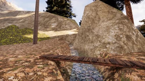Discover a serene woodland stream with a rustic bridge, perfect for escape and tranquility