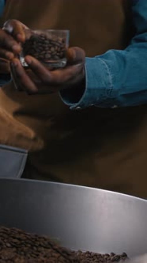 Multinational Men Coffee Factory Workers Inspect Roasted Beans Using Magnifier Control Checklist