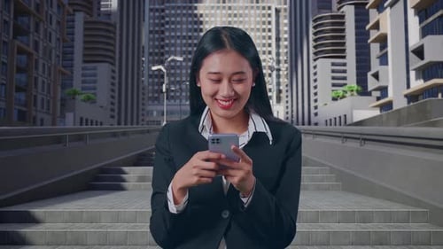 Asian Business Woman Enjoy Using Mobile Phone While Standing In Urban City