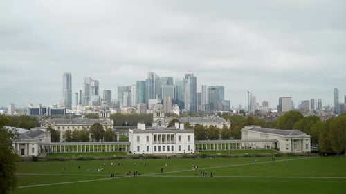 Queen's House Greenwich and Canary Wharf Skyline on an Overcast Day