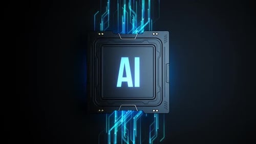 Futuristic AI Processor Chip with Glowing Data Flow Animation