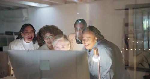 Applause, high five or happy woman trading with success, goals or sales target achievement at night