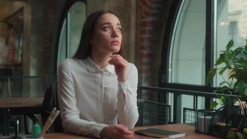 Thoughtful Upset Sad Caucasian Girl Lady Businesswoman Student Think Deep Thought Difficult Problem