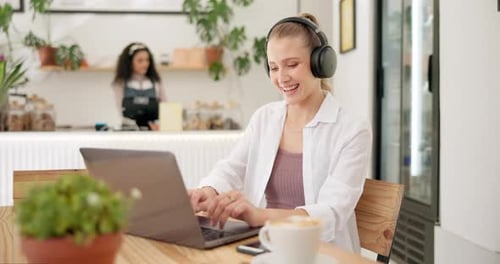 Headphones, computer and woman on video call in cafe with cup of coffee for online webinar