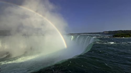 Colorful rainbow arching over Niagara Falls. Low-angle water surface point of view on fall edge