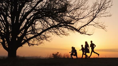 Silhouettes of Family Holding the Hands and Running in the Meadow During Sunset