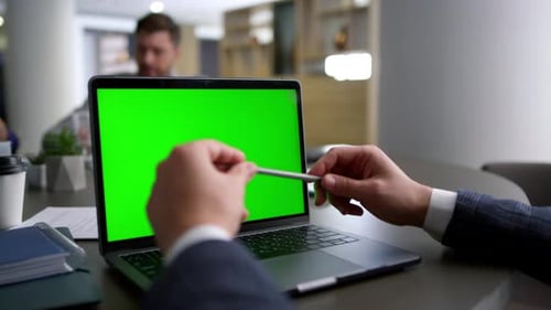 Business Man Hands Searching Laptop Computer Chroma Key on Conference. Unrecognizable Financial