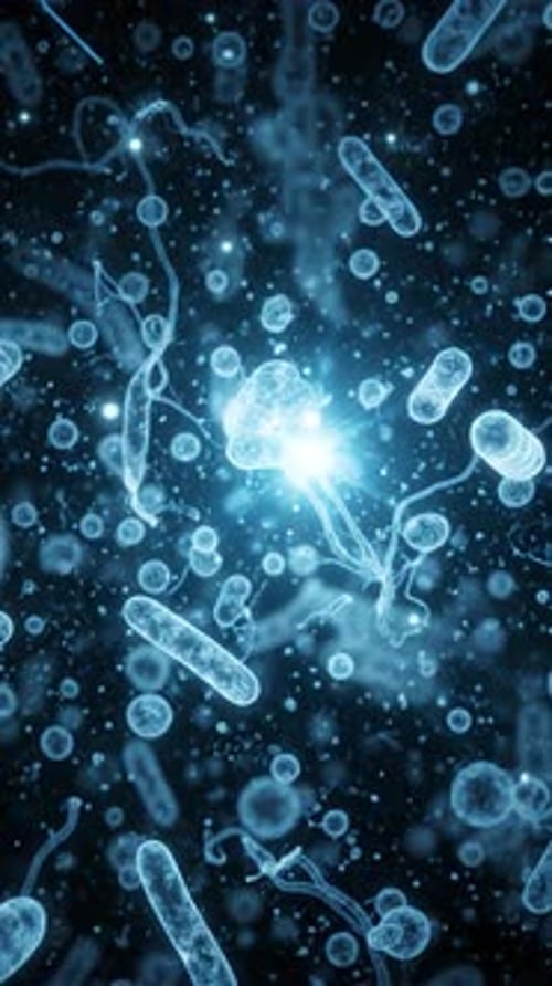 Glowing Microorganisms and Bacteria Flowing in a Futuristic Science Animation