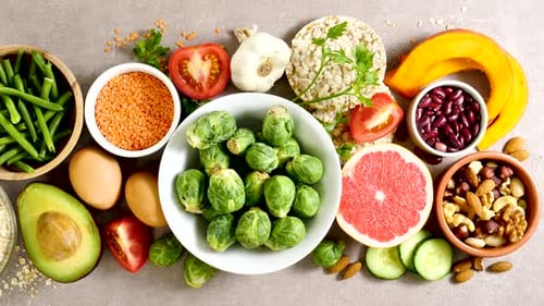 Overhead View of a Balanced Spread of Healthy Whole Foods