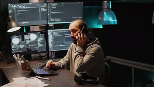 Web Developer Talking on Phone Call in Programming Office