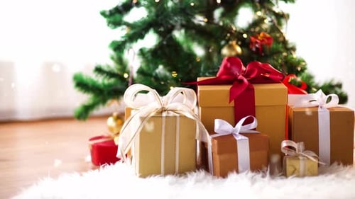 Christmas Tree with Beautifully Wrapped Gifts, Festive Holiday