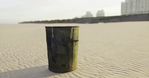 Discarded Trash Can Stands Alone on the Sandy Beach at Sunrise