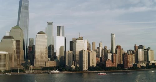 Aerial View of Manhattan Skyline Skyscrapers From Water in New York At