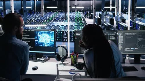 Teamworking Engineers Brainstorming in Data Center Reviewing AI Diagnostics