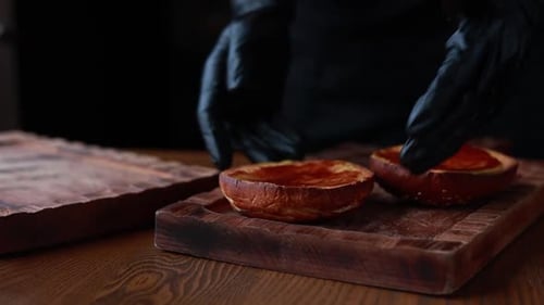 Close Up of Food Preparation Burger Bun