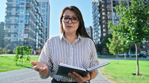 Webcam View Talking Mature Business Woman Video Conference Chat Outdoor