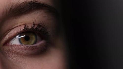 Girl'S Big Open Eye Blinks On A Black Background Close Up