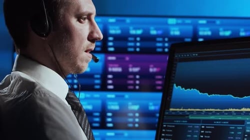 Trader Works in Office Using Workstation and Analysis Technology Workplace of Professional Crypto