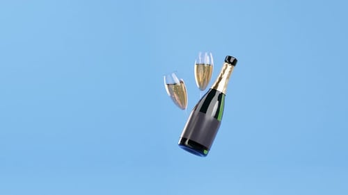 Bottle of champagne and glasses filled with sparkling wine. 3D-rendered looped animation